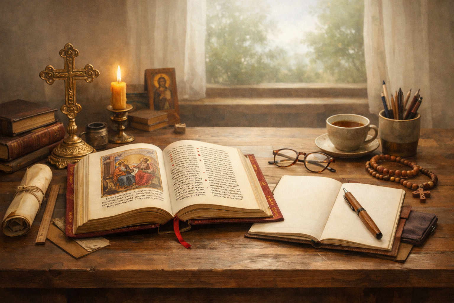 Спокойное рабочее пространство с Евангелием как образ честного православного проекта.