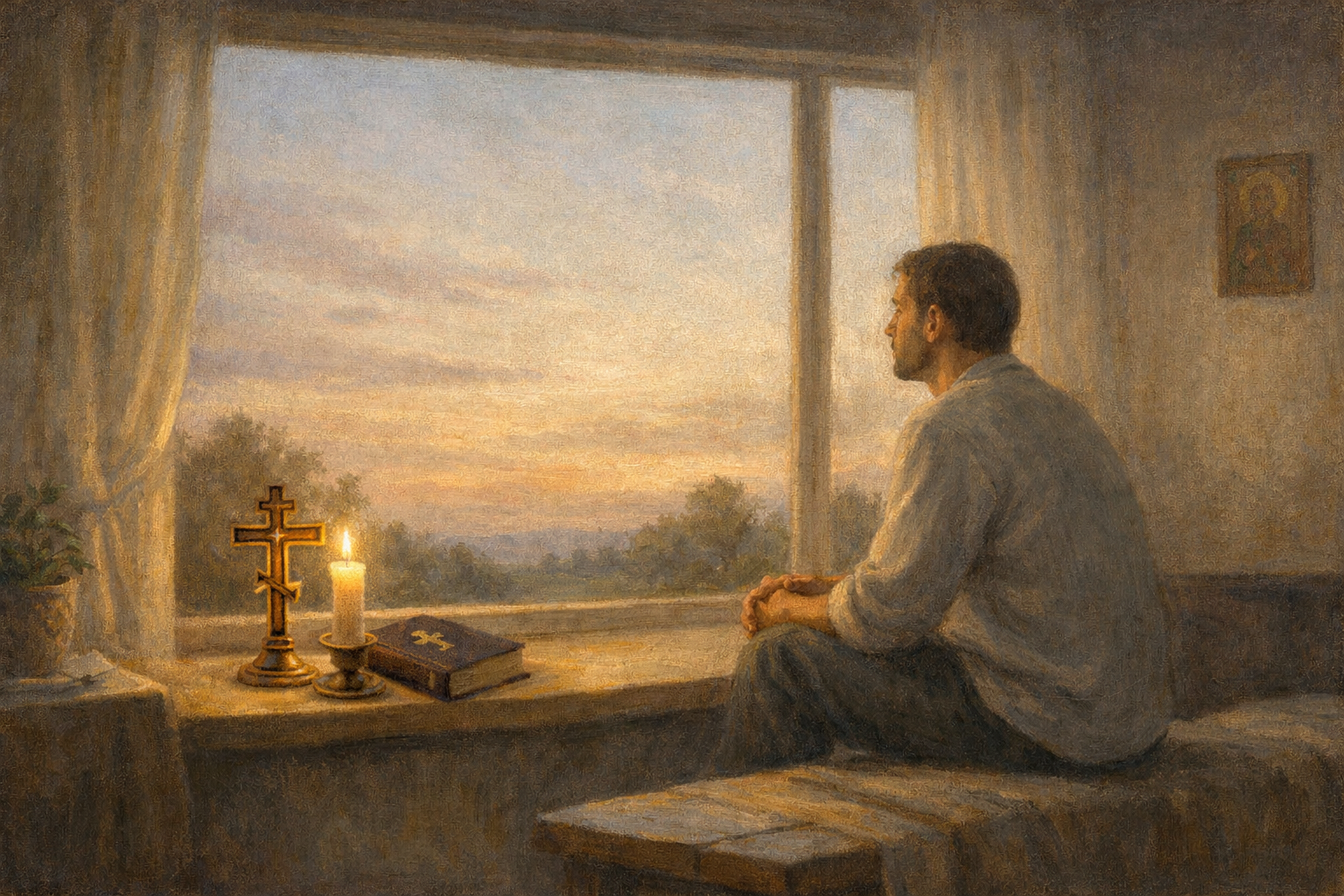 Спокойная фигура у окна и мягкий свет как образ надежды в трудный момент.