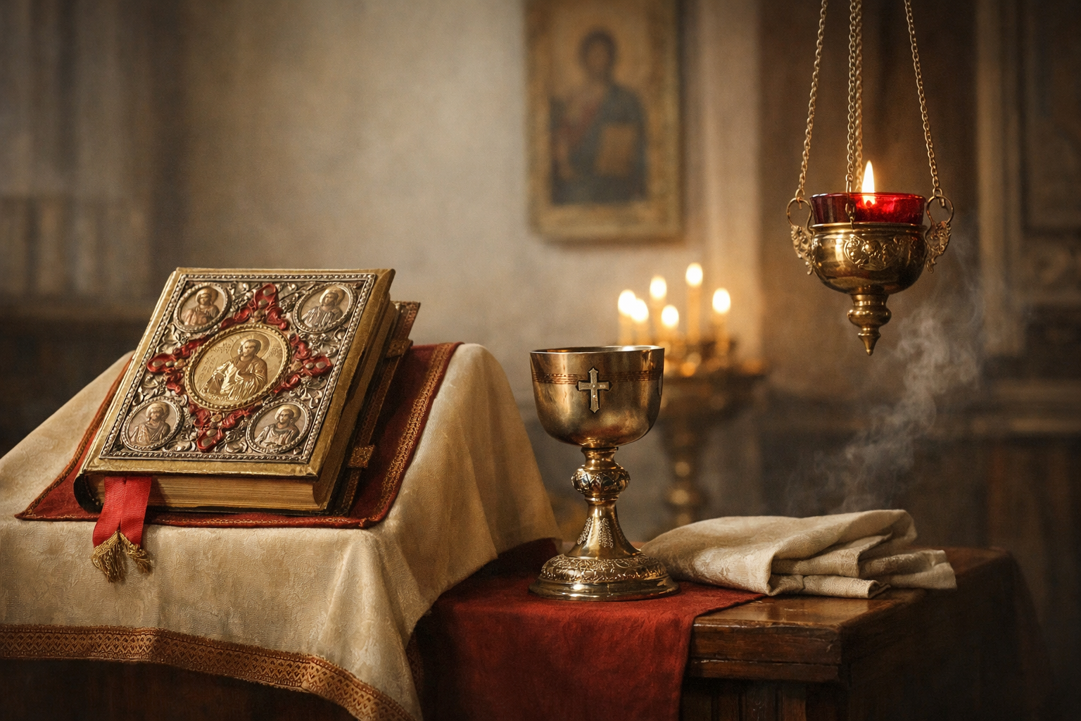 Сдержанный литургический образ Таинств, Евангелия и церковной собранности.