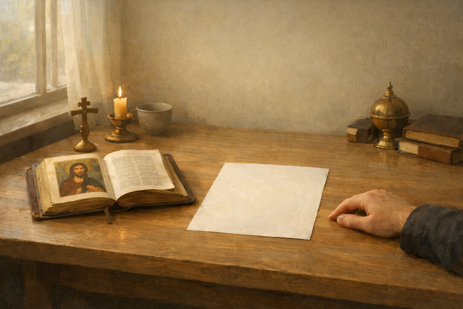 Открытое Евангелие и спокойное пространство как образ честного внутреннего поиска.