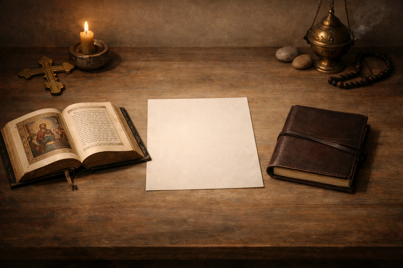Открытое Евангелие, чистые листы и спокойный стол как образ невысказанных вопросов.