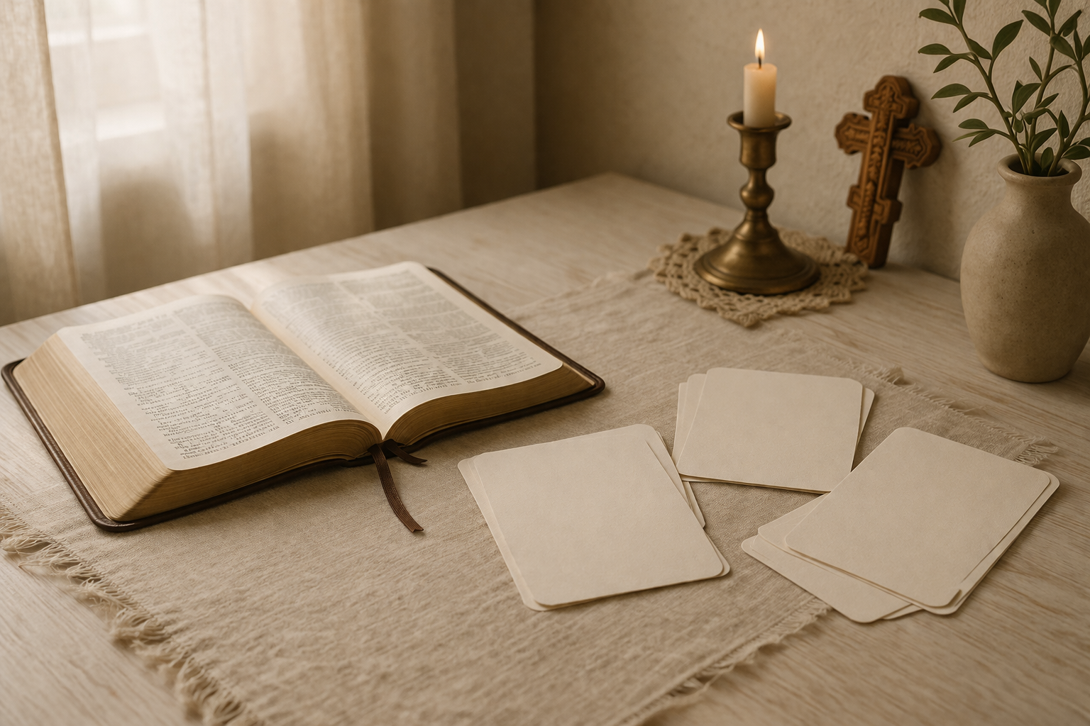 Открытая книга и чистые карточки как образ ясных и спокойных ответов.