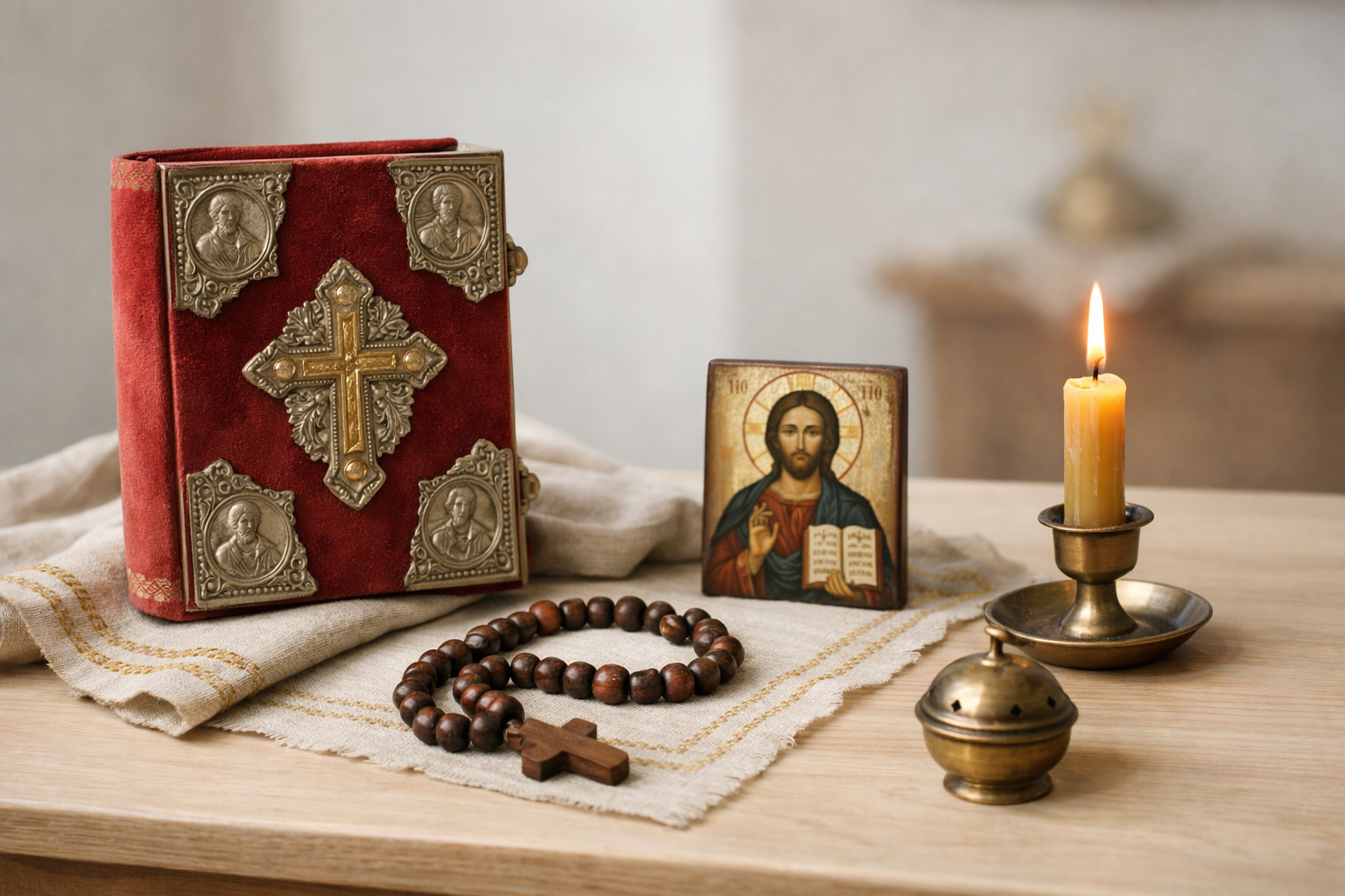 Евангелие, свеча и предметы православной жизни как образ словаря и кратких ответов.