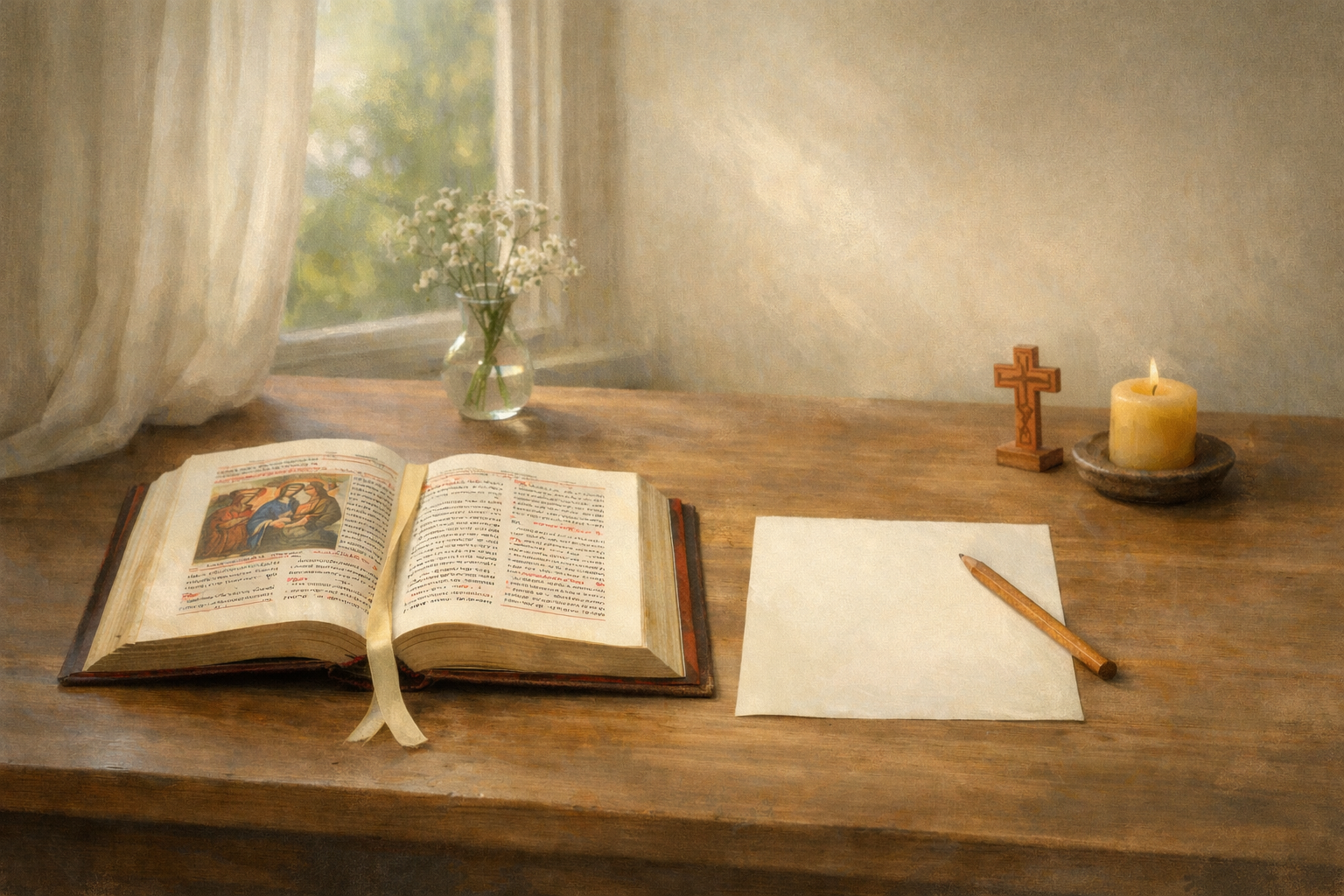 Открытое Евангелие и тихий стол как образ первого внимательного чтения.
