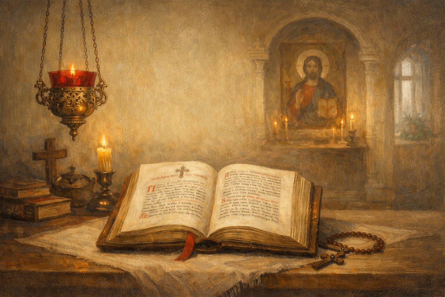Спокойный православный образ Евангелия, лампады и внутреннего пути.