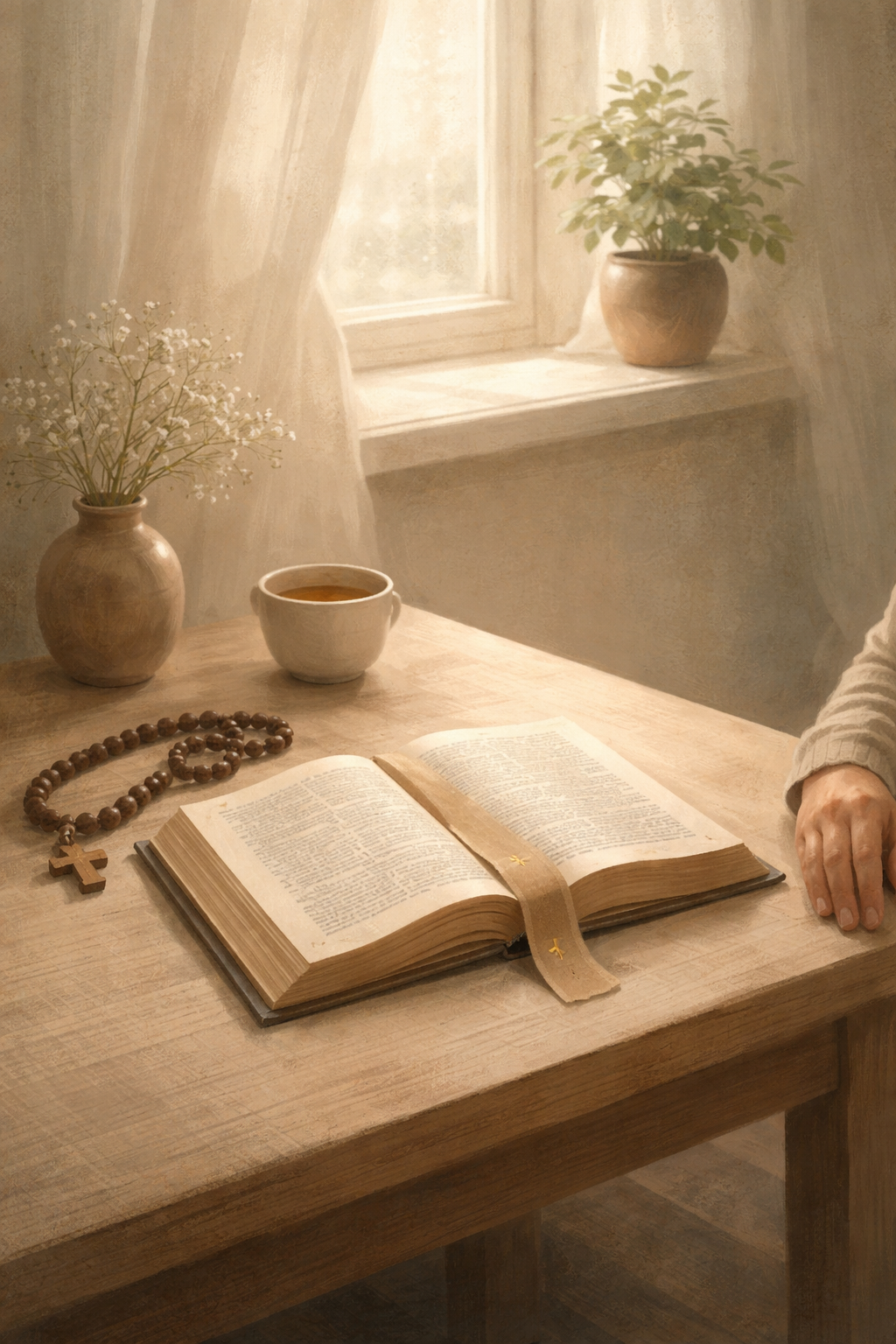 Открытая книга у мягкого света как образ внимательного начала.