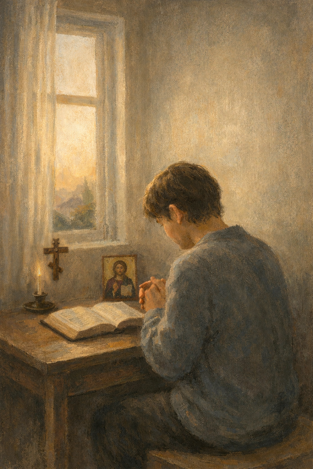 Тихий домашний угол молитвы у окна в мягком утреннем свете.