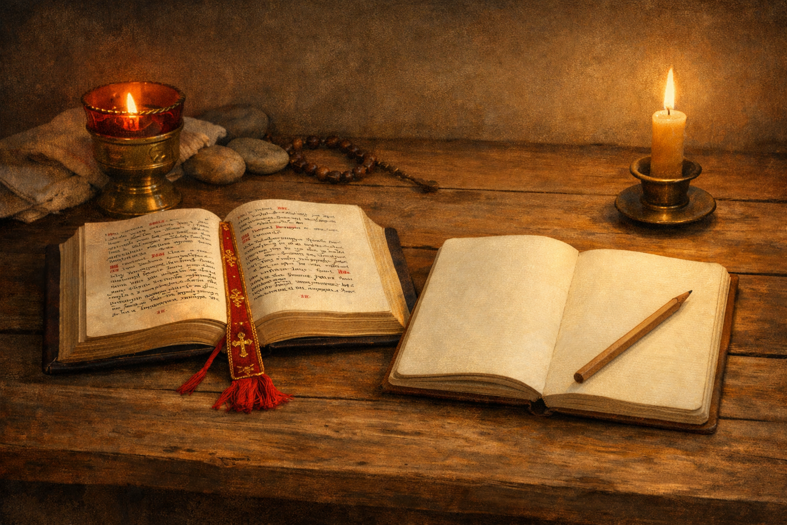 Евангелие, блокнот и мягкий свет как образ спокойного недельного маршрута.