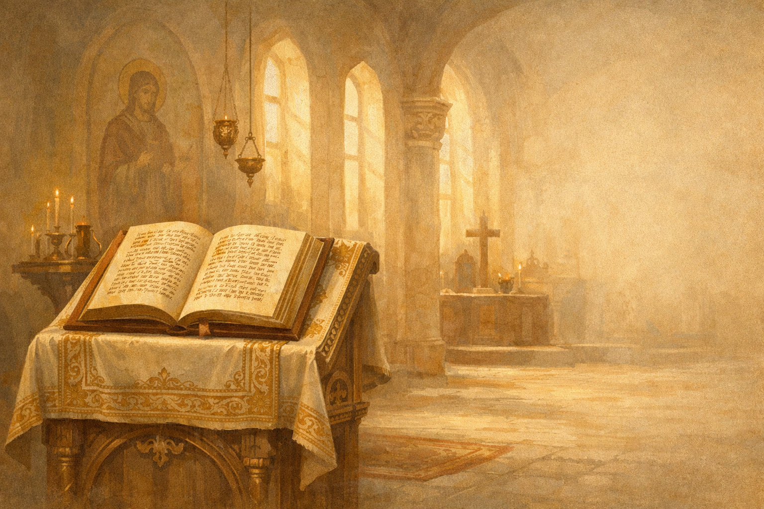 Раскрытое Евангелие в мягком храмовом свете.
